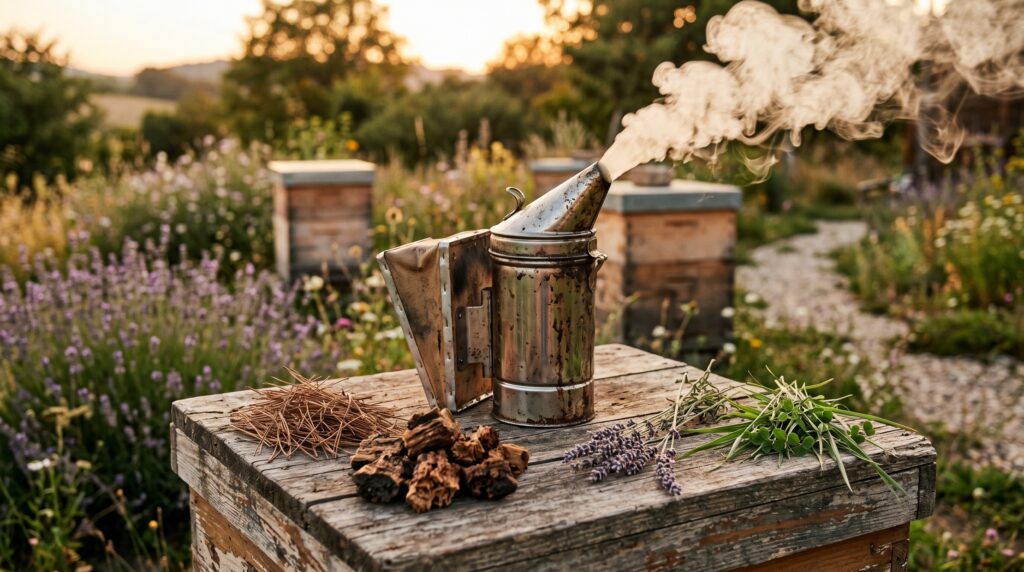 A stainless steel bee smoker producing thick, cool white smoke on a wooden beehive, surrounded by foraged natural smoker fuels like dried pine needles, punk wood, and lavender.
