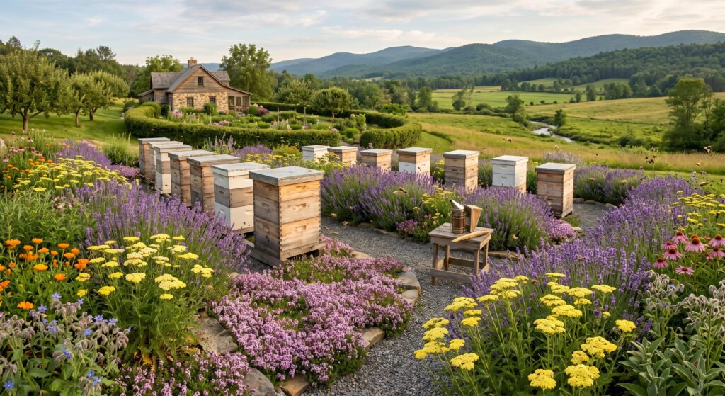 Optimal apiary layout featuring wooden beehives integrated with medicinal herbs for natural hive health.