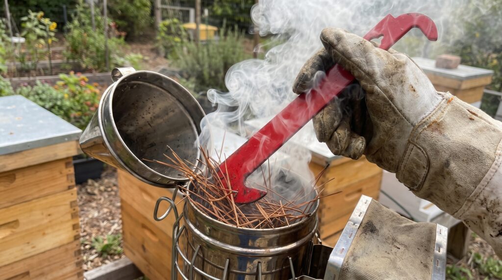A beekeeper wearing leather gloves uses a J-hook hive tool to tightly pack dry pine needles deep into a bee smoker to restrict oxygen.
