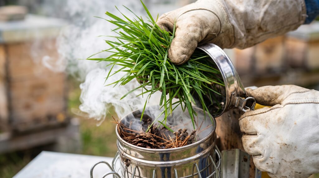 A beekeeper stuffing a handful of fresh green grass into the top of a bee smoker canister to act as a natural filter and cool the smoke.