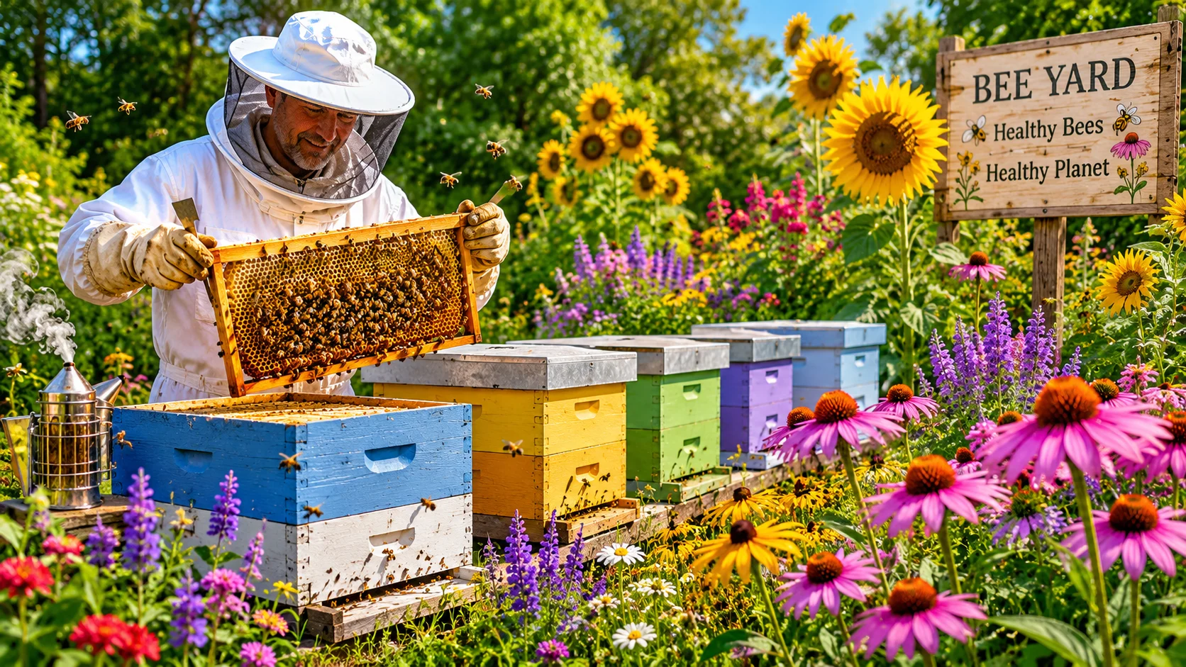 Beekeeper working comfortably from behind the beehives, demonstrating proper apiary ergonomics and a clear workspace layout.