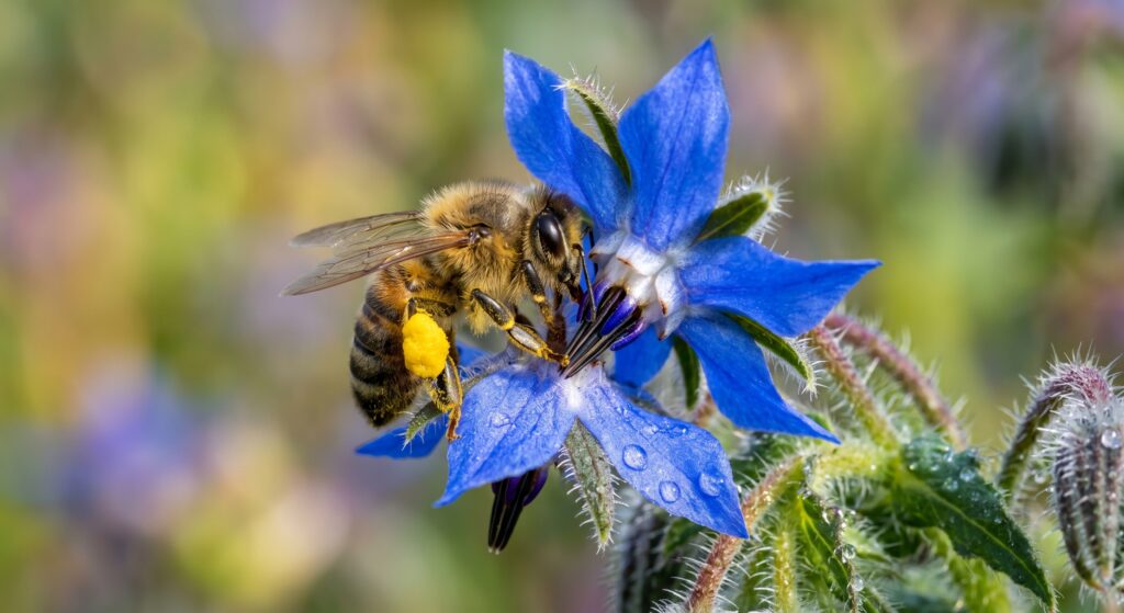 Close-up of a honey bee gathering rich, fast-replenishing nectar and vital trace minerals from a blue, star-shaped borage flower.
