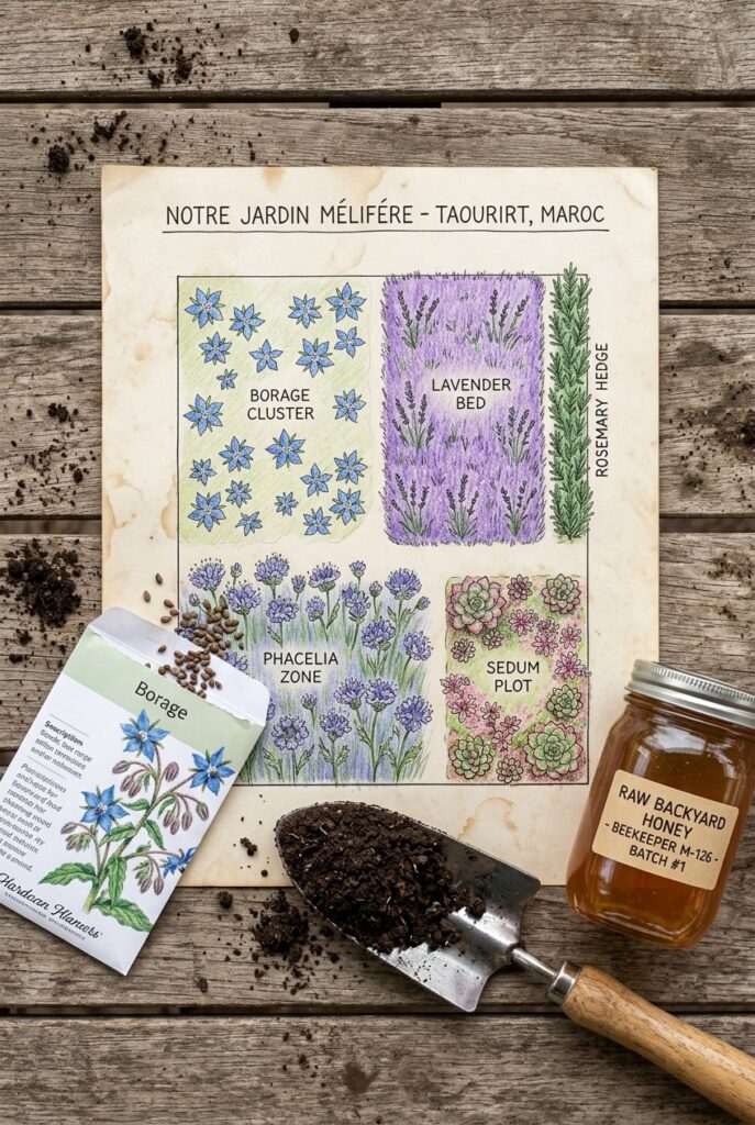 Our solution starts on the planning table. This photo shows a work surface with the detailed garden map (inspired by the design in image_0.png) that outlines specific zones for Borage, Lavender, and Sedum. Next to it are a seed packet of borage and a garden trowel, showing you how to turn the plan into a reality.