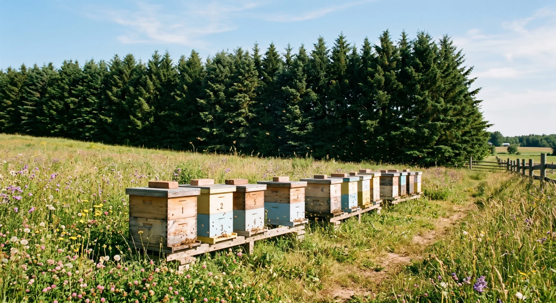 Beehives positioned strategically with an evergreen tree windbreak to protect the colony from harsh winter winds.
