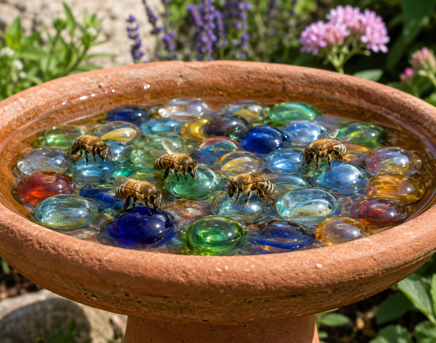 A safe garden bee bath made of a shallow dish and marbles to provide water for honey bees without the risk of drowning.