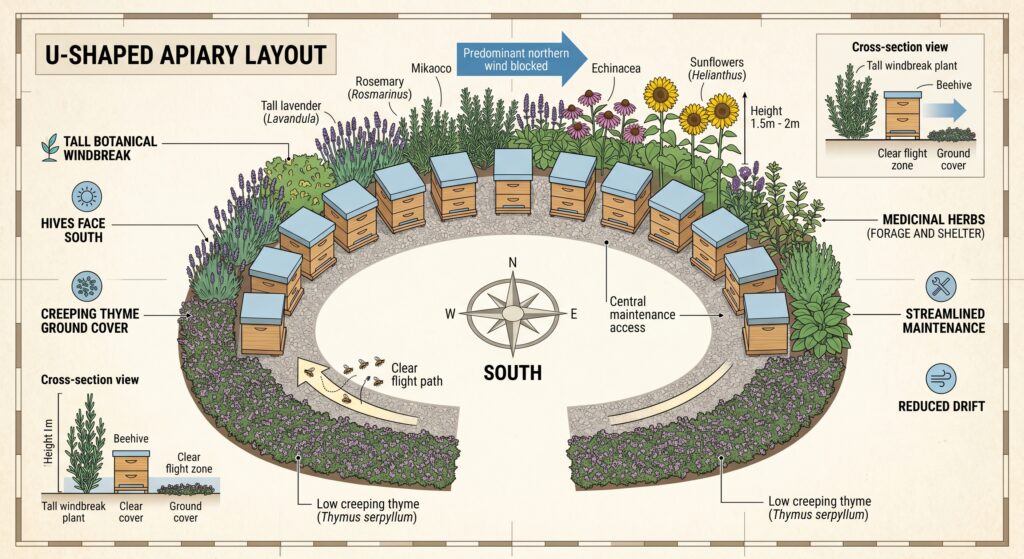 Diagram showing a strategic apiary layout using medicinal herbs, windbreaks, and clear flight paths for honey bees.