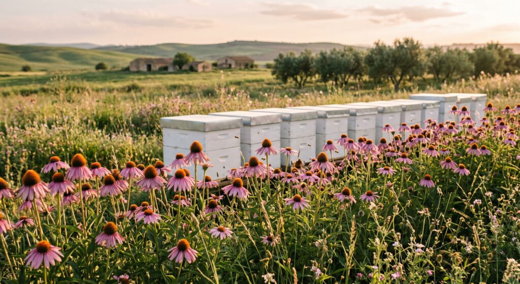 Tall purple echinacea coneflowers planted behind wooden beehives, acting as a protective windbreak and a crucial late-season nectar source for bees.