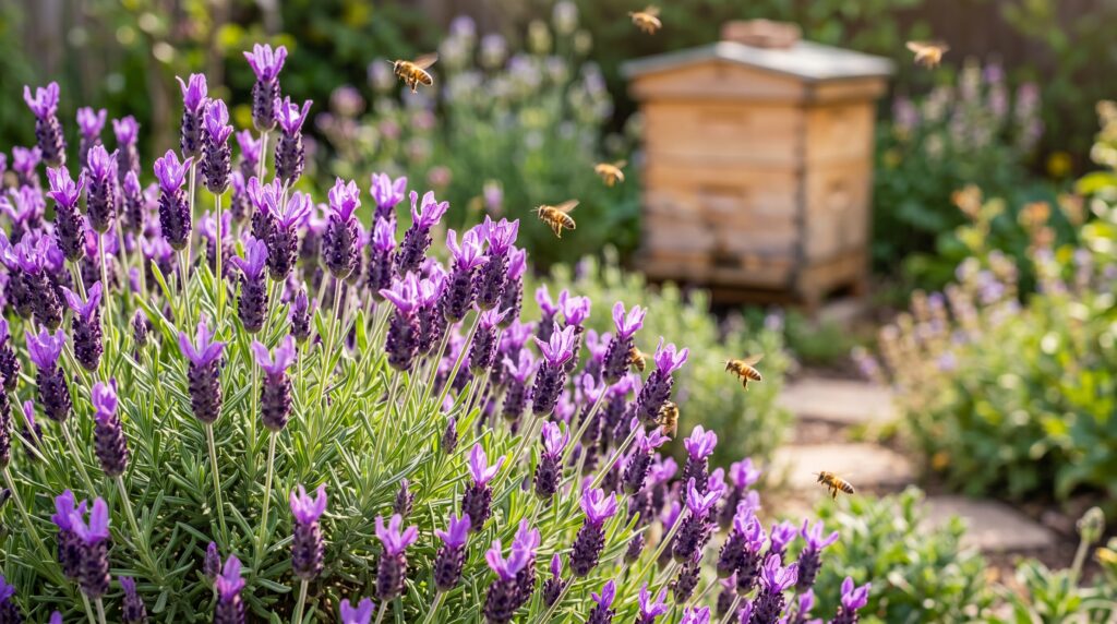 Honey bees actively foraging on blooming purple lavender shrubs planted near a beehive to provide vital antimicrobial resins for hive health.
