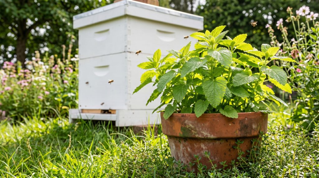 Lush green lemon balm plants growing in a terracotta pot near an apiary to naturally attract honey bee swarms with their scent.