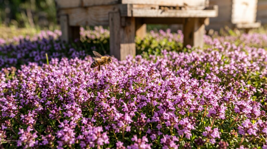 Low-growing creeping thyme blooming directly under a wooden beehive stand to naturally deter varroa mites with thymol.