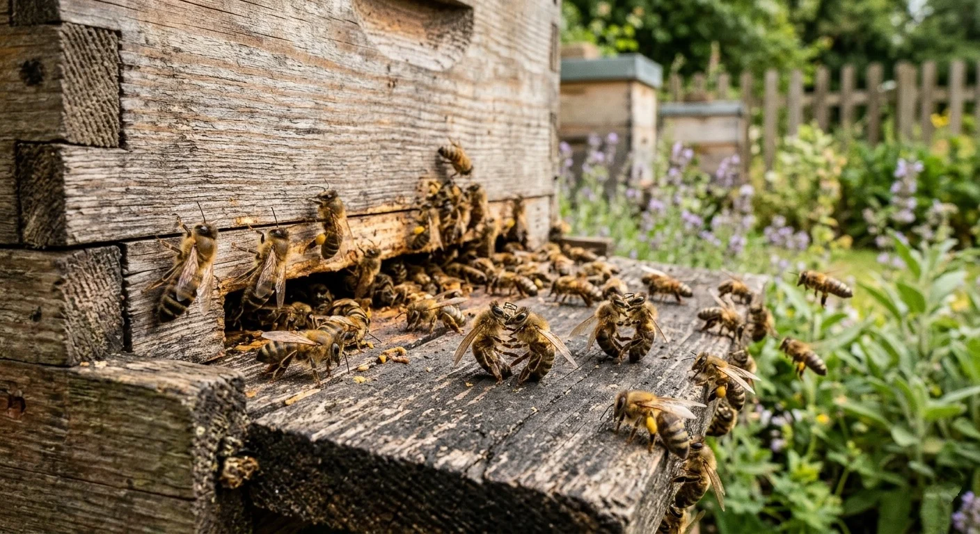 honey bee robbing behavior at hive entrance during summer nectar dearth