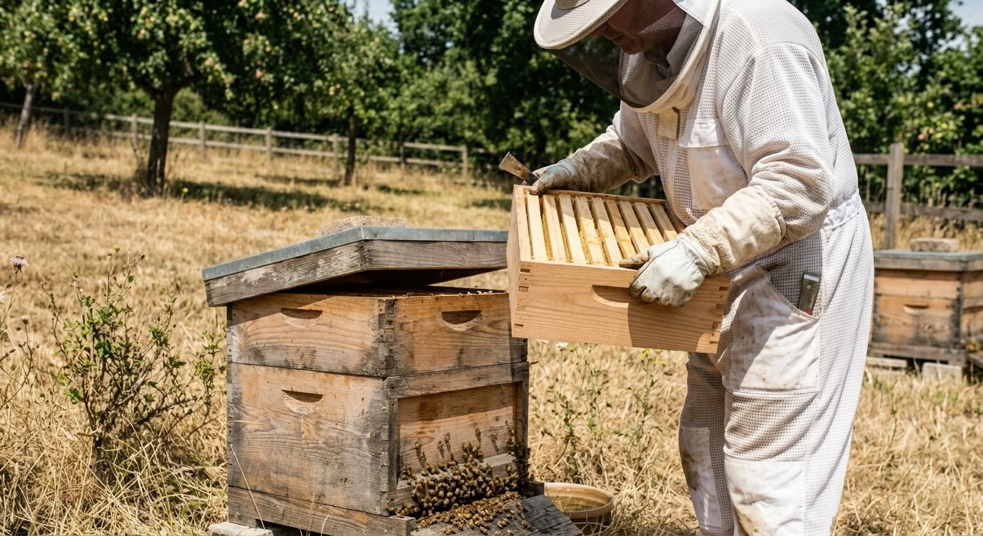 beekeeper checking honey super space during summer nectar dearth