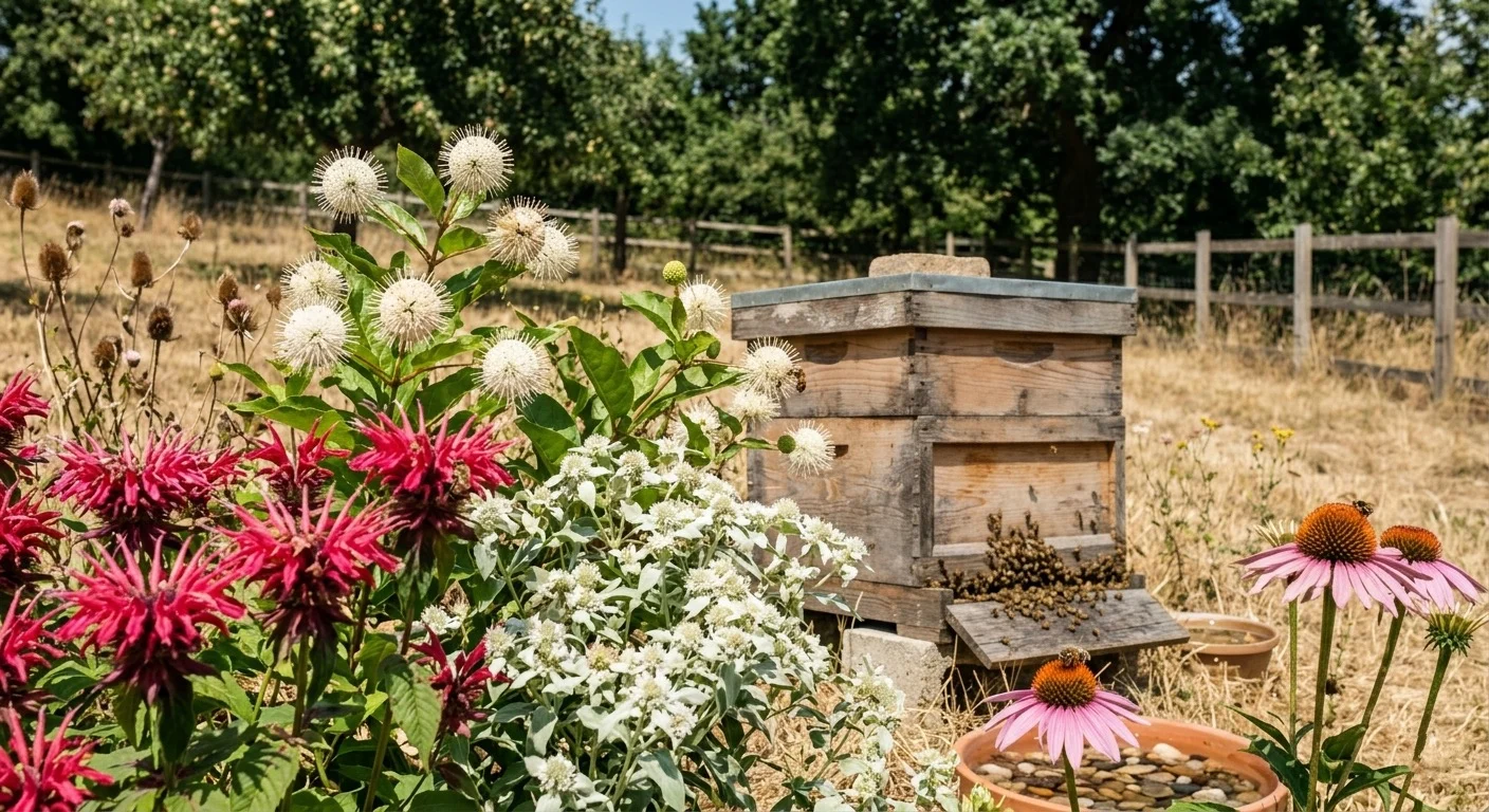 midsummer bee forage garden near backyard beehive