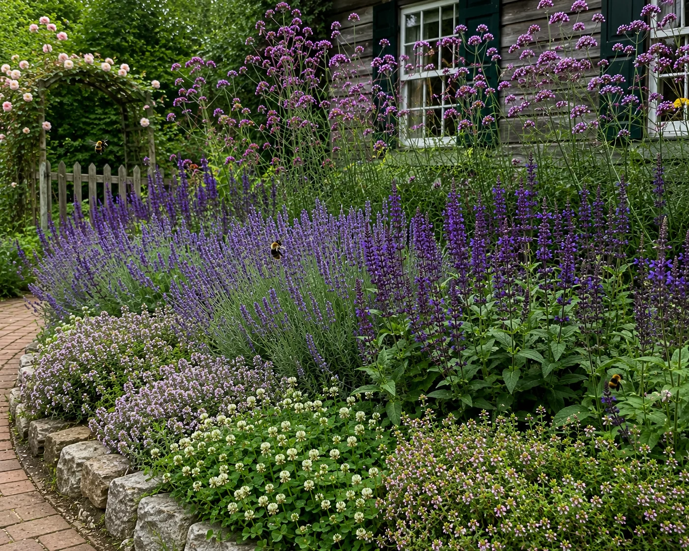 bee-friendly garden bed design with lavender borage and echinacea attracting honeybees]