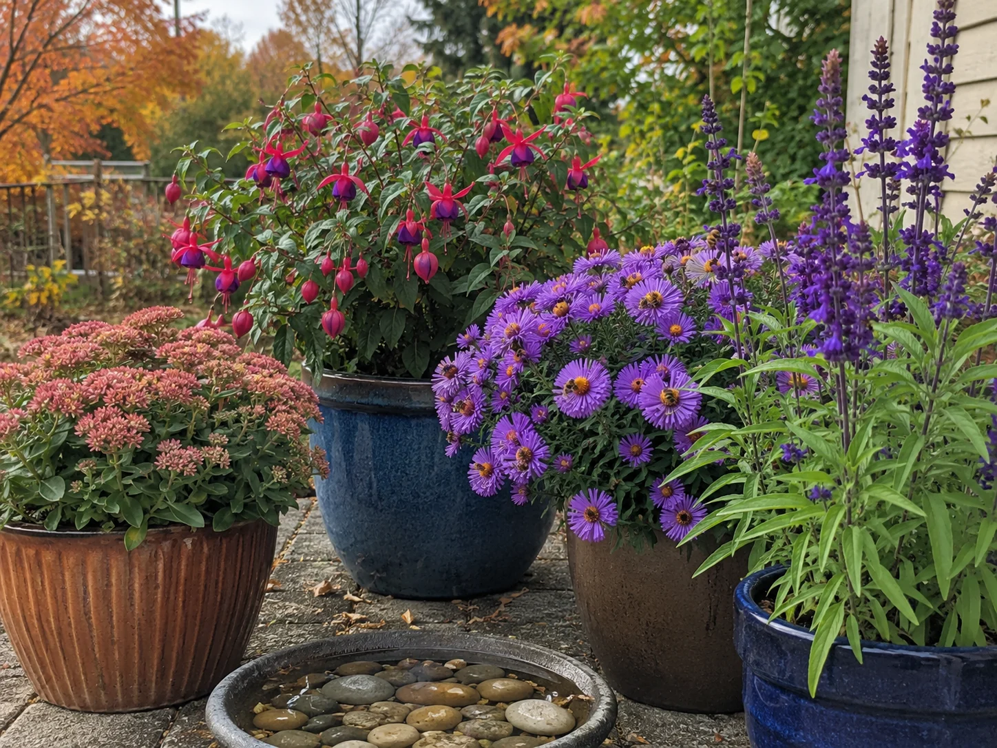 container autumn bee garden with late season flowers for bees