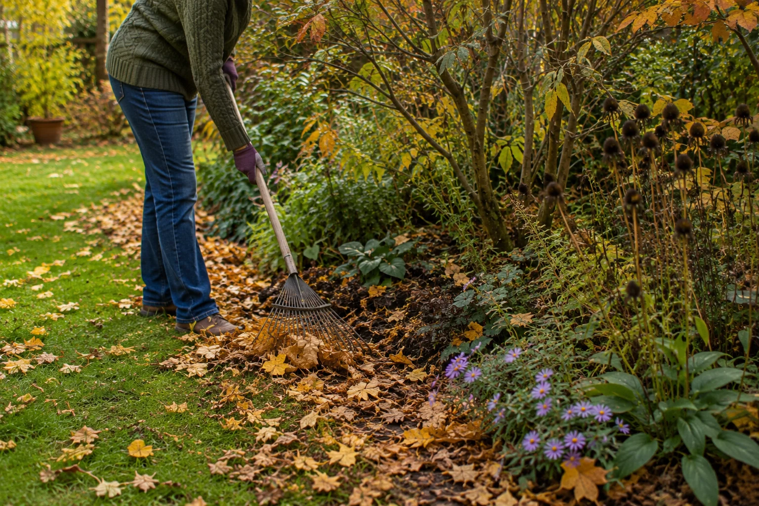 moving fallen leaves into garden beds to help bees and pollinators