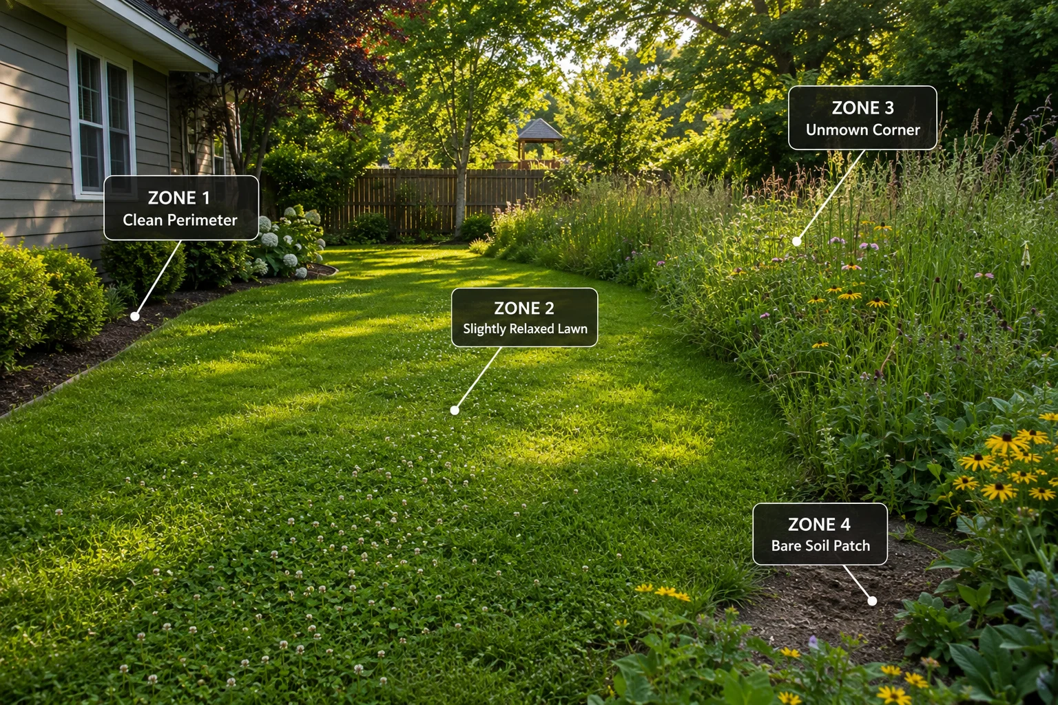 pollinator lawn zone system no-mow patch bare soil clover lawn suburban garden habitat design US