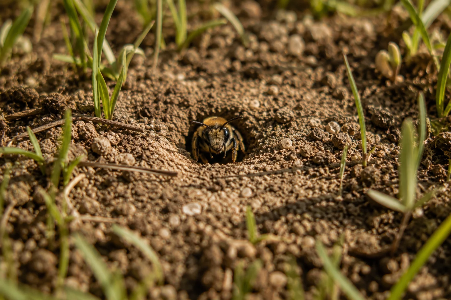 ground nesting mining bee Andrena emerging from soil nest tunnel native bee habitat imperfect lawn bare soil