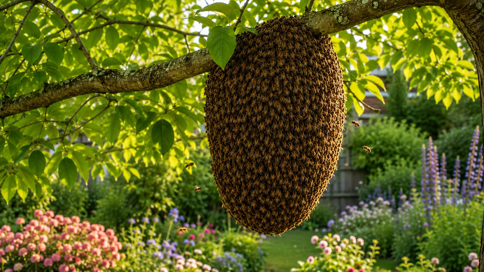 honeybee swarm clustered on tree branch in garden swarm season beekeeping