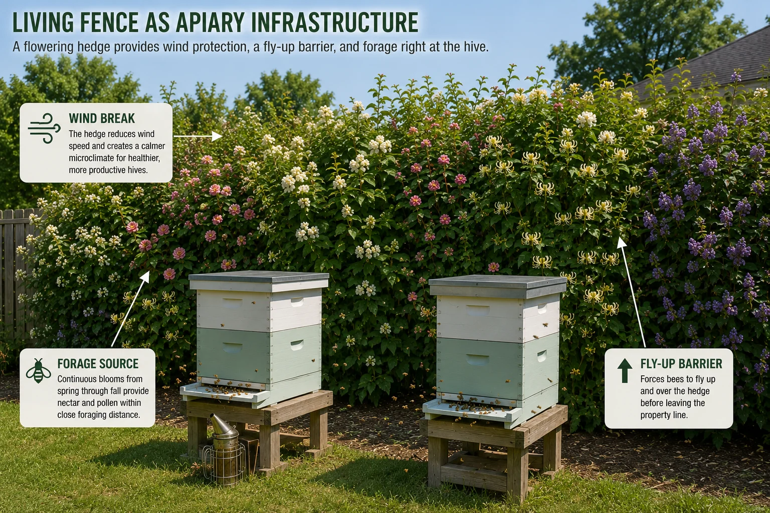 beekeeper apiary living fence windbreak fly-up barrier bee-friendly hedge beekeeping forage boundary