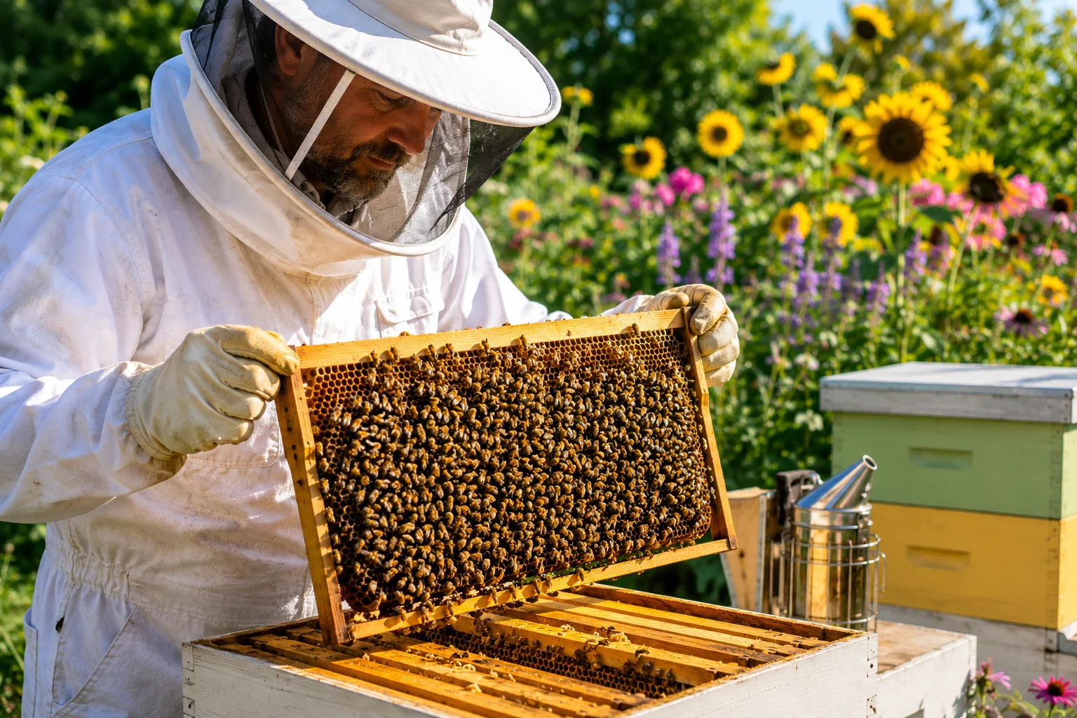 beekeeper inspecting honeybee hive frame backyard apiary