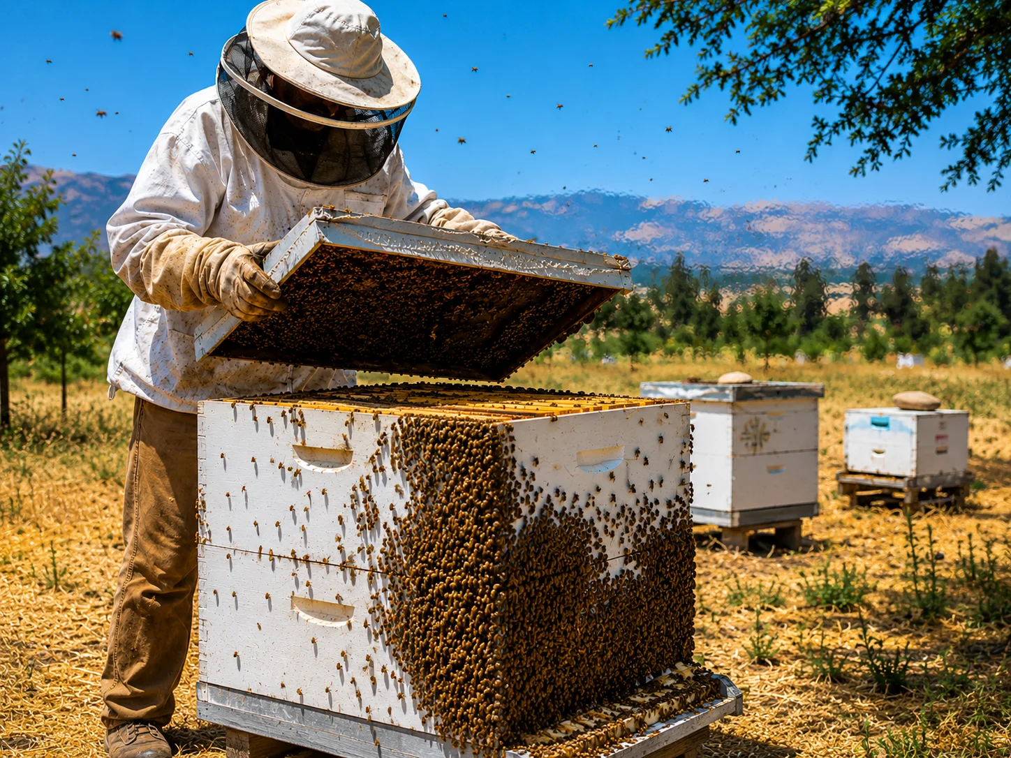 beehive overheating heatwave beekeeper checking hive summer heat management