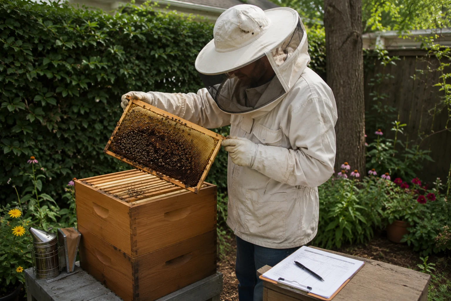 beginner backyard beekeeper inspecting brood and monitoring hive health