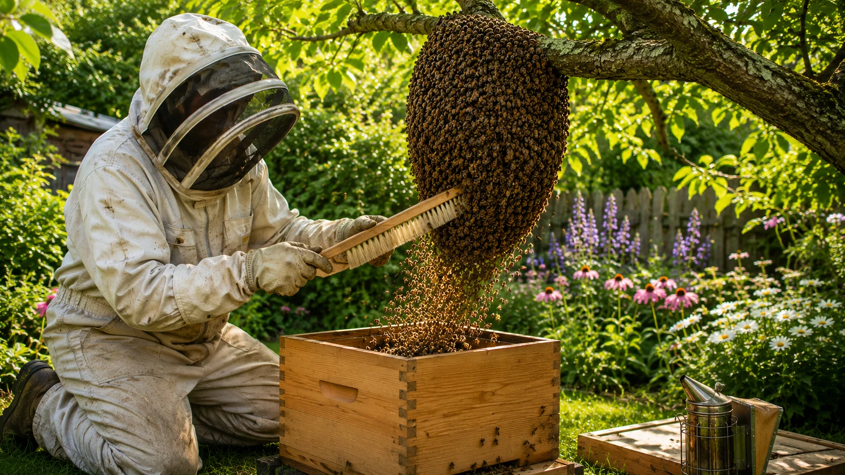 beekeeper collecting honeybee swarm from tree into hive box swarm collection