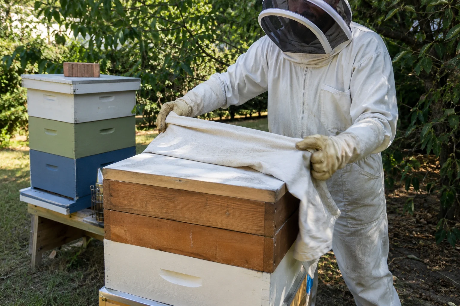 preventing robbing bees by covering honey supers after harvest