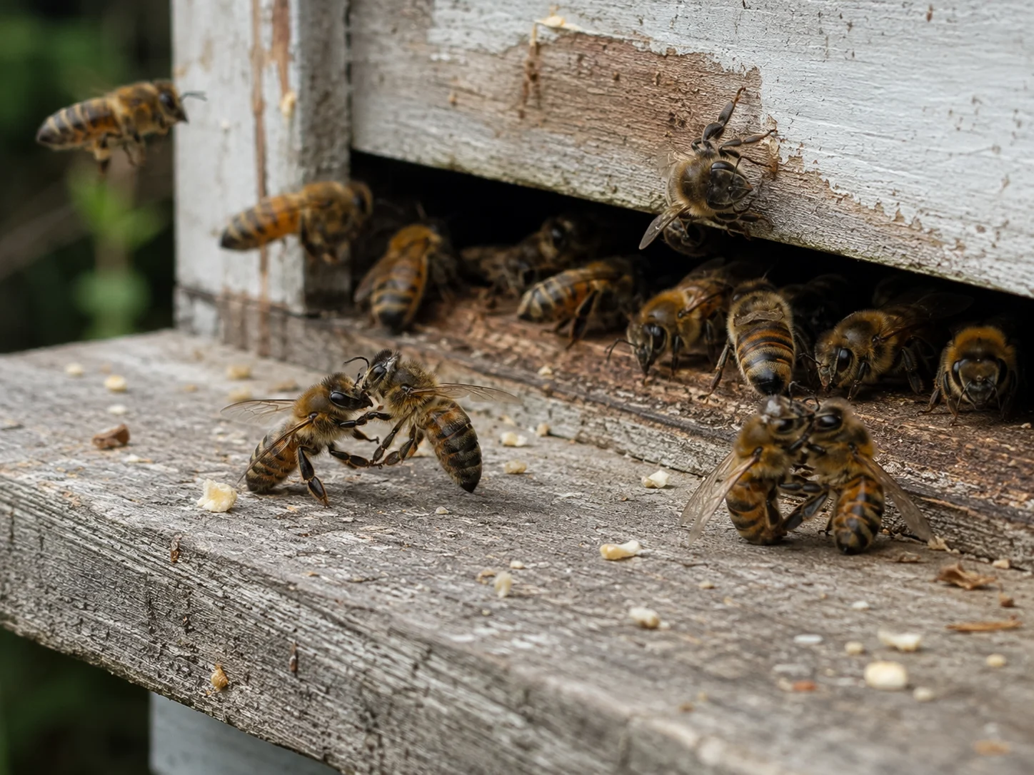 signs of robbing bees fighting at beehive entrance