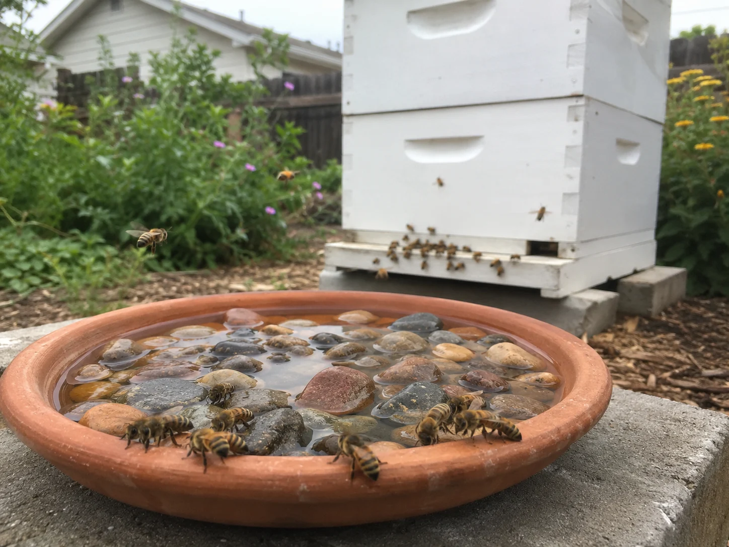 bee water source near backyard beehive with pebbles for honey bees
