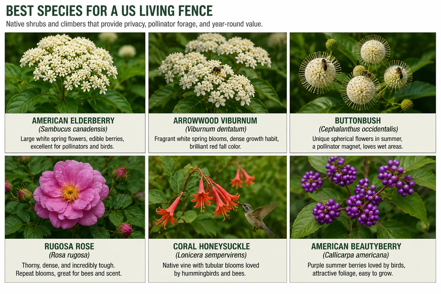 bee-friendly living fence plant species collage elderberry viburnum buttonbush rugosa rose coral honeysuckle beautyberry US native plants