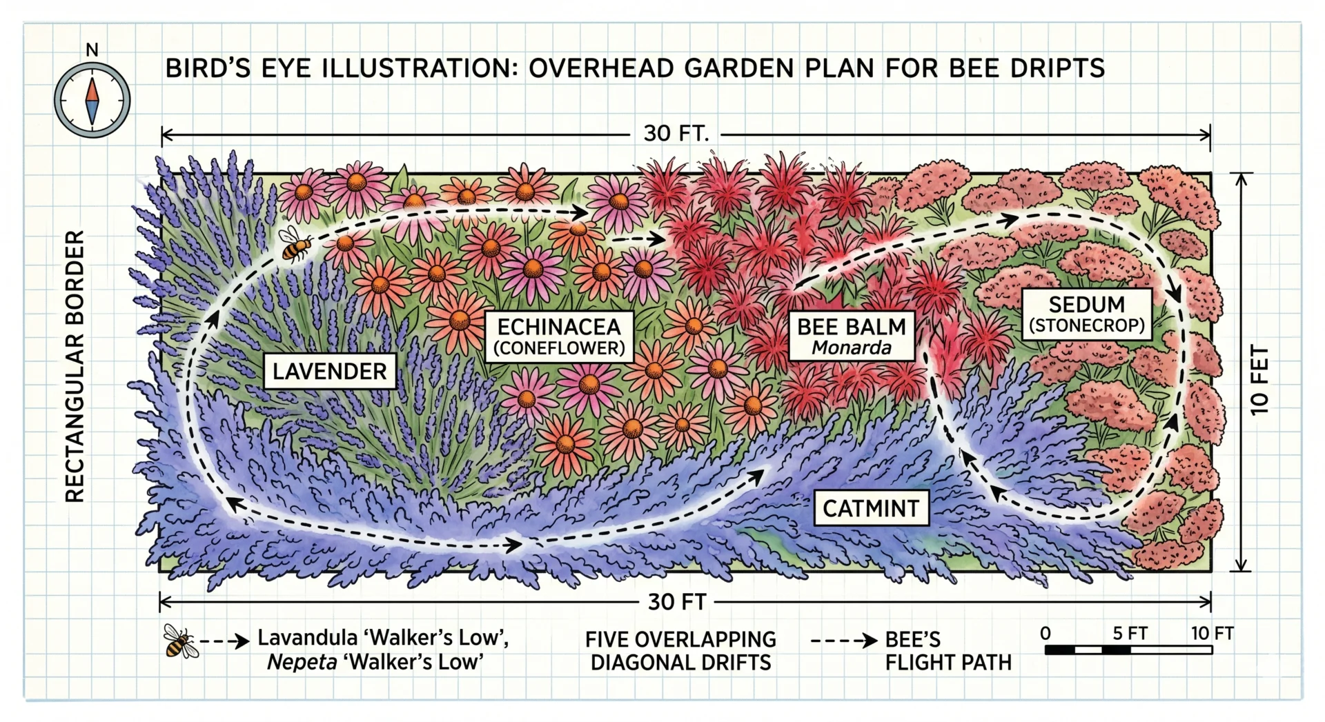 drift planting garden design plan diagram overlapping diagonal drifts bee flight path illustration