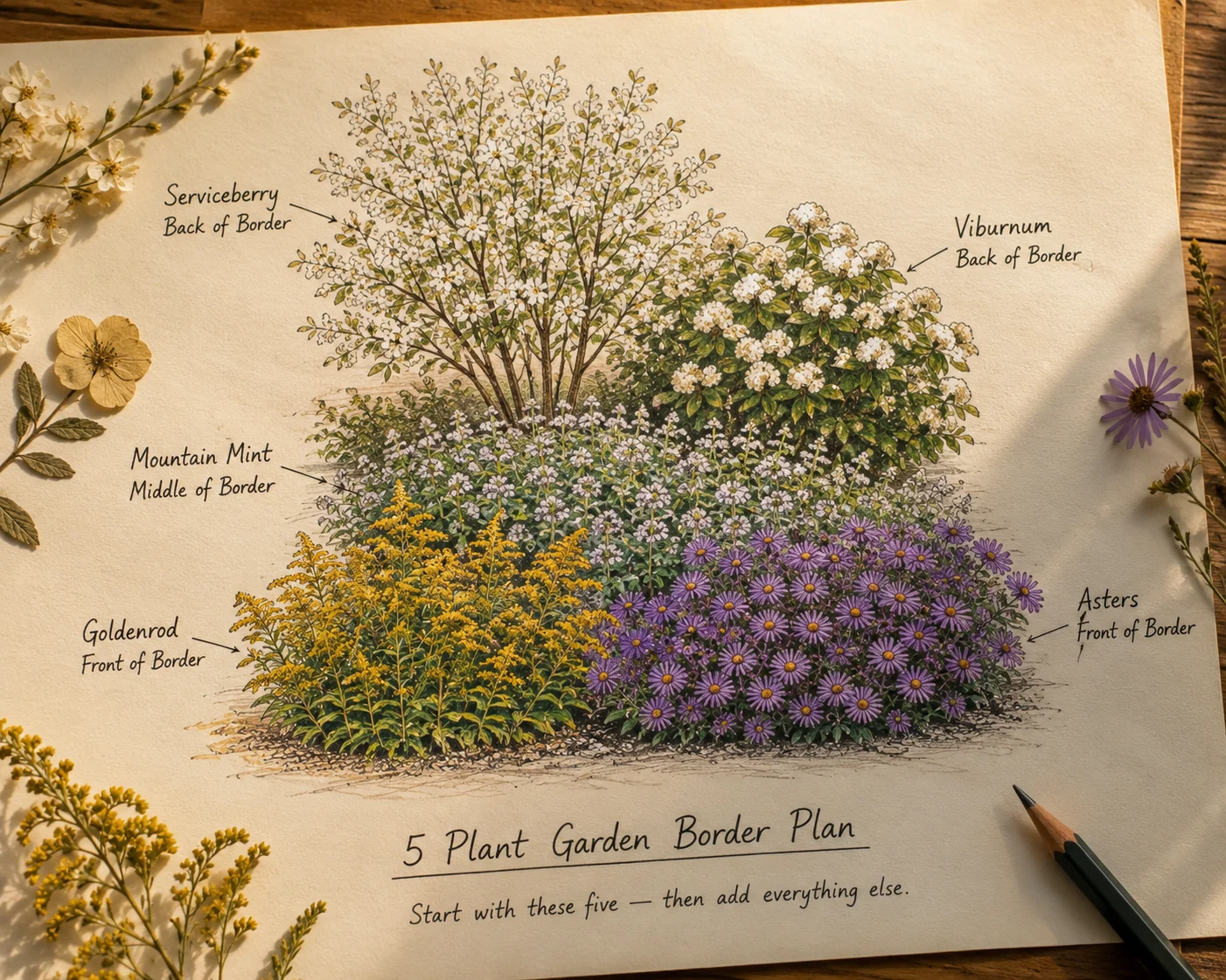 eginner pollinator garden planting plan five native plants layout sketch serviceberry viburnum mountain mint goldenrod aster