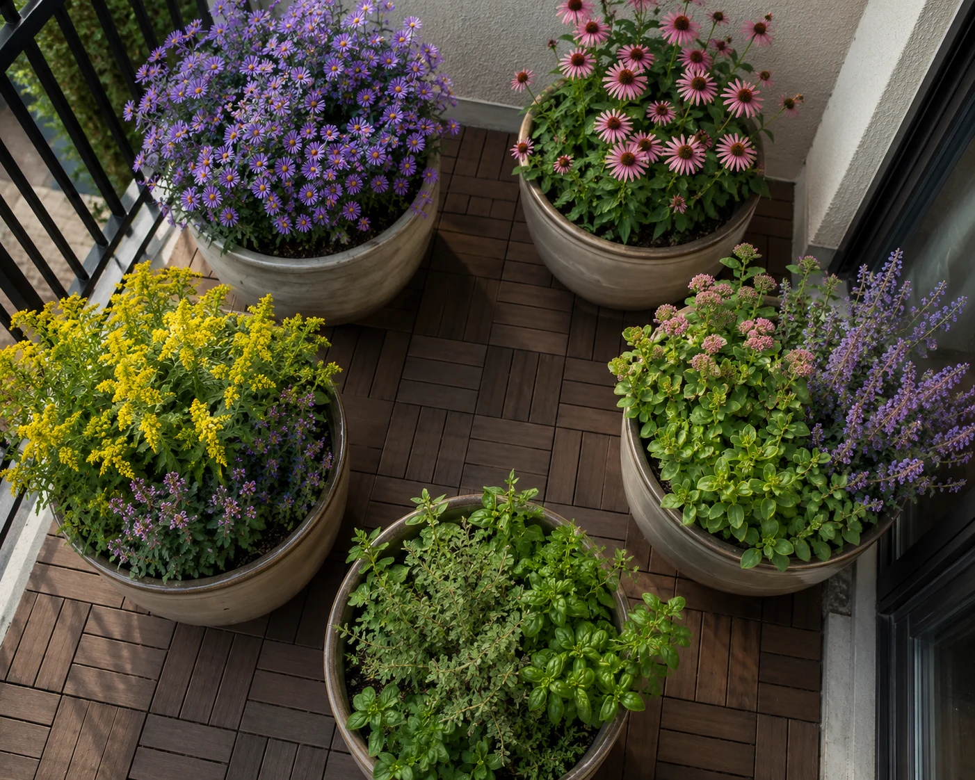 five-container pollinator garden plan for a small balcony