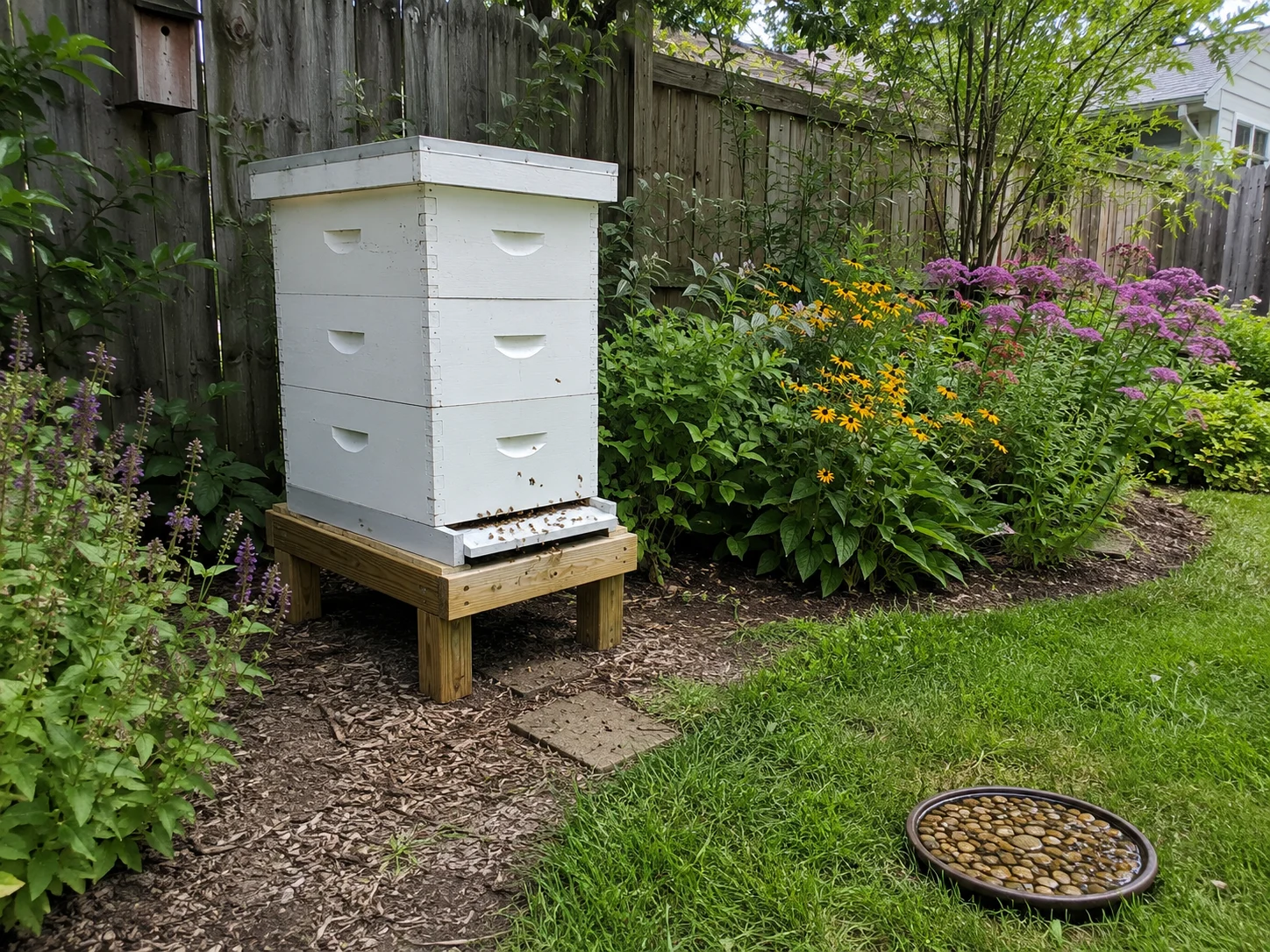 best plants to grow near a backyard beehive with flowers and water source