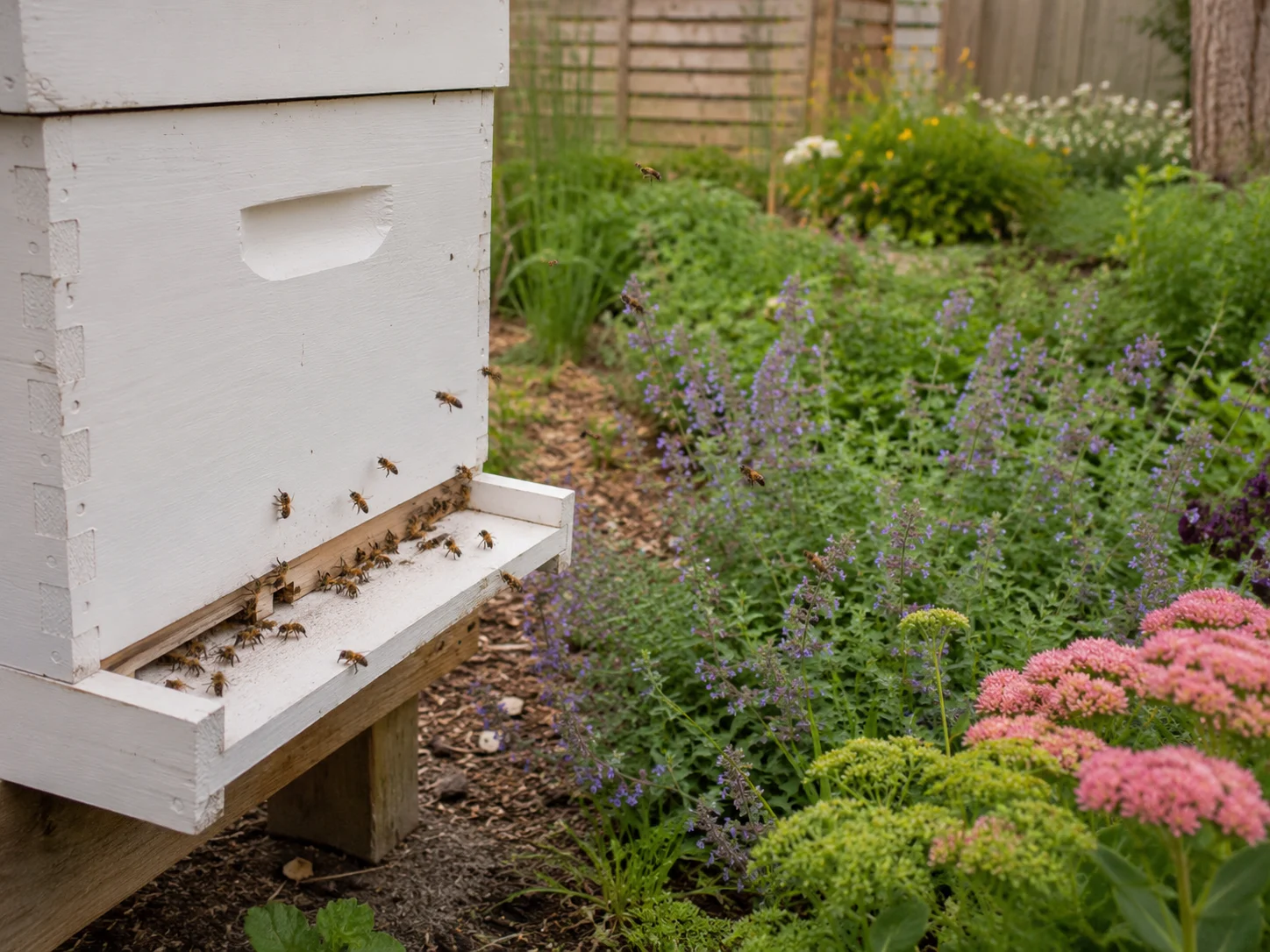 beehive entrance direction facing quiet backyard garden border