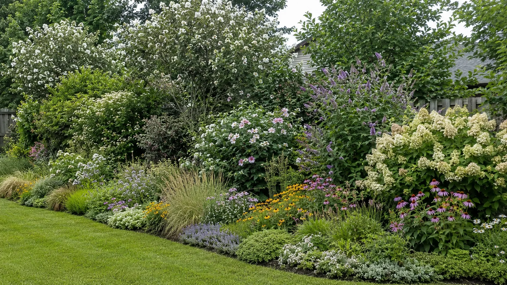 multi-layered boundary hedgerow with flowering shrubs perennials and native grasses for bees
