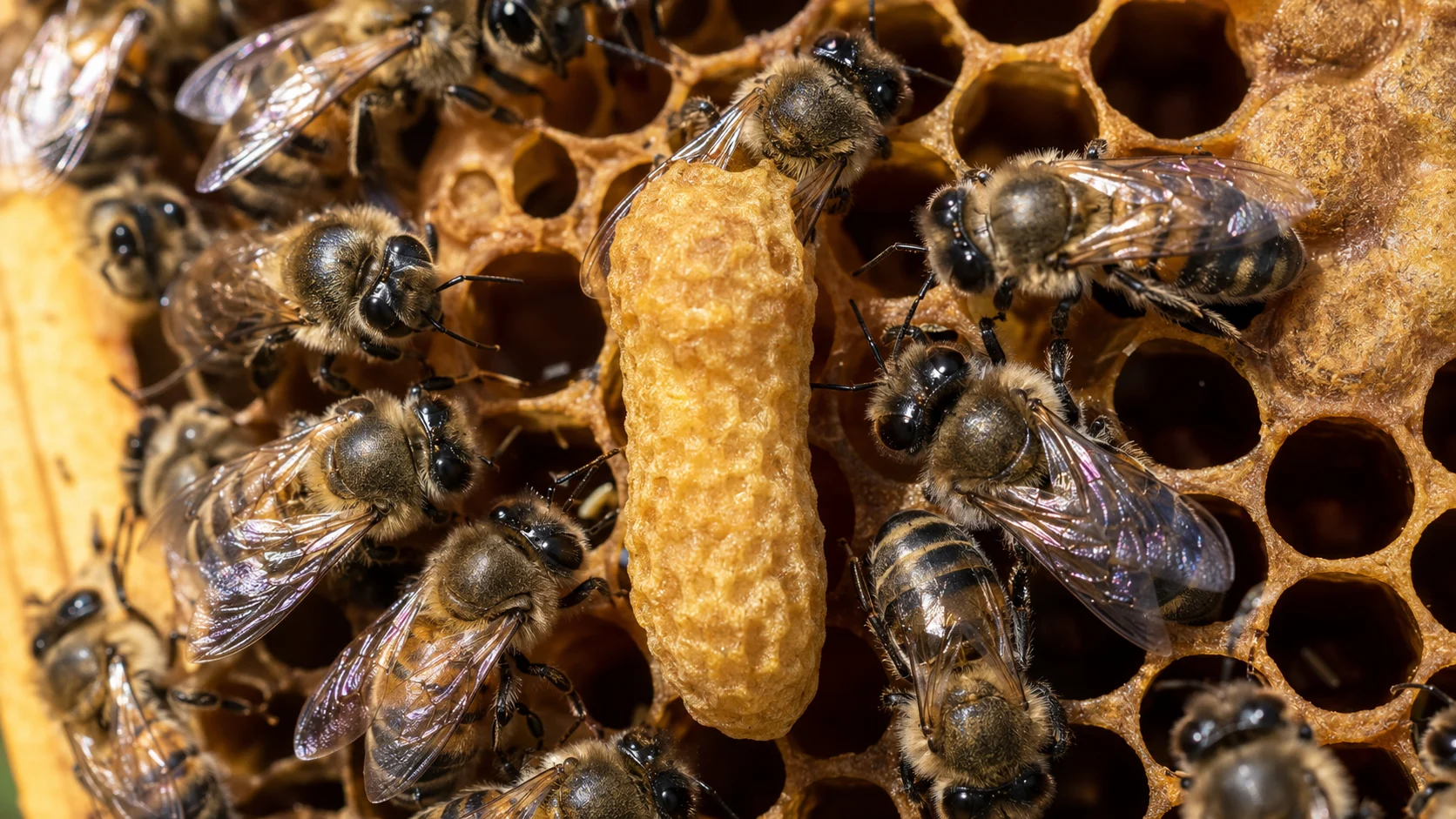 honeybee queen cell on comb frame swarm prevention beekeeping inspection