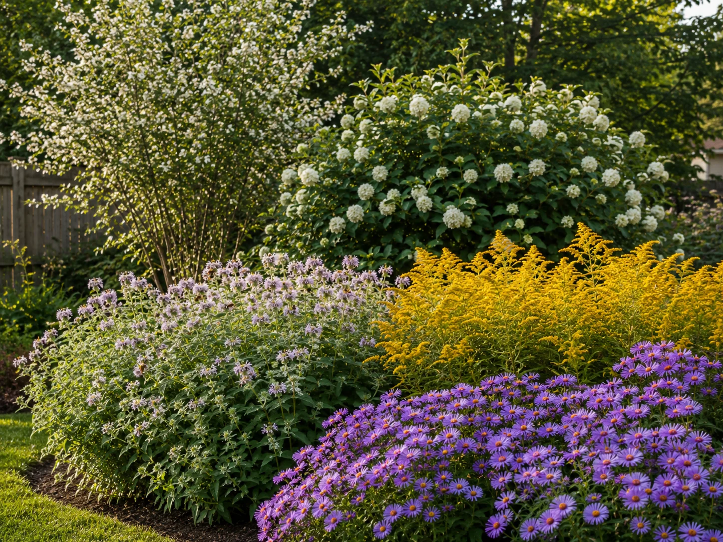 beginner pollinator garden five native plants serviceberry viburnum mountain mint goldenrod aster US garden design