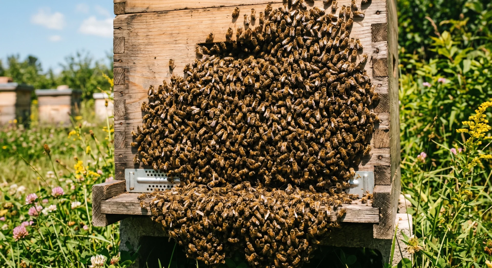honeybees bearding on hive exterior summer heat stress overheating warning sign