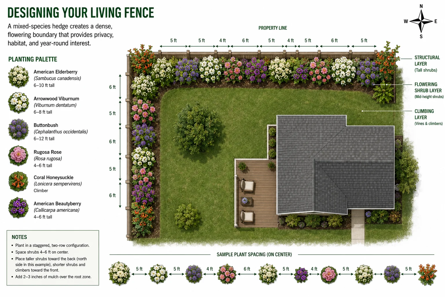 living fence garden plan overhead illustration three layer planting design species placement spacing US yard boundary