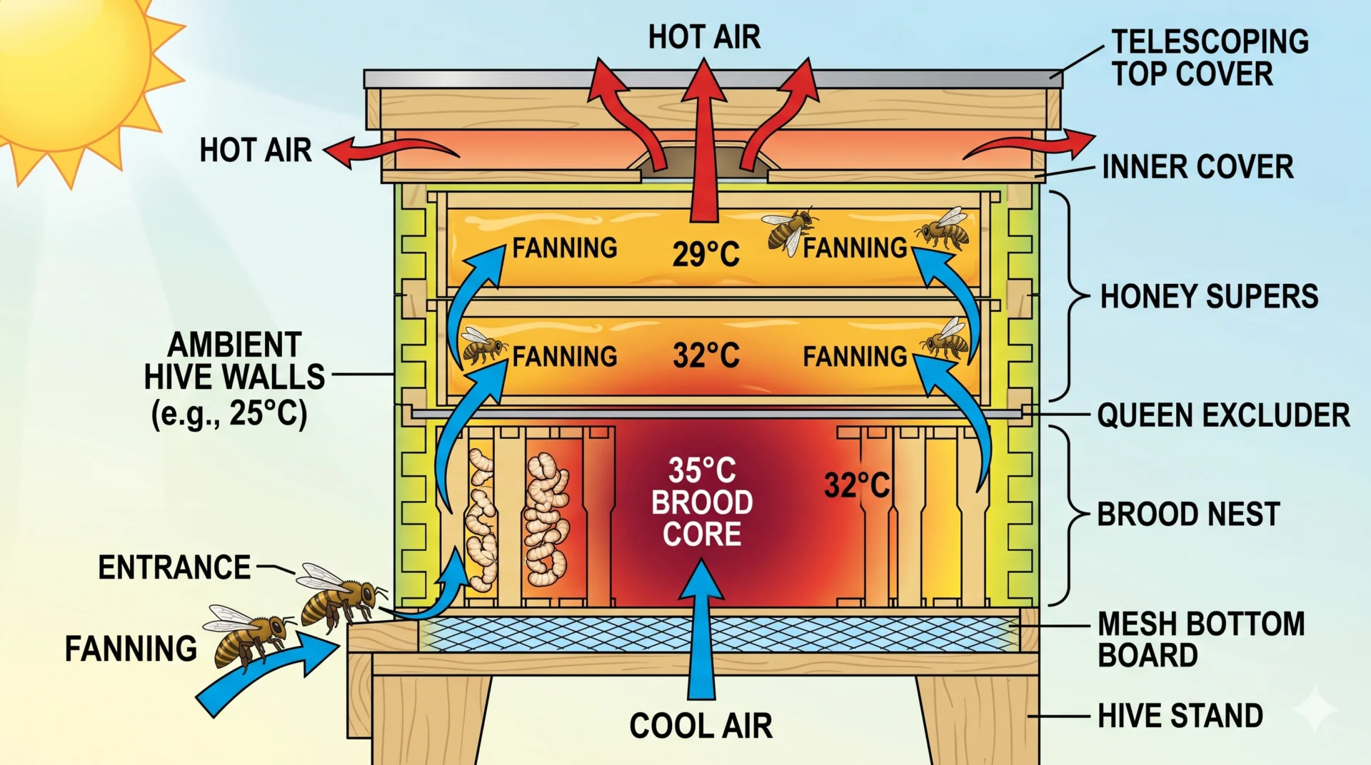 beehive ventilation diagram summer airflow thermoregulation temperature zones brood nest