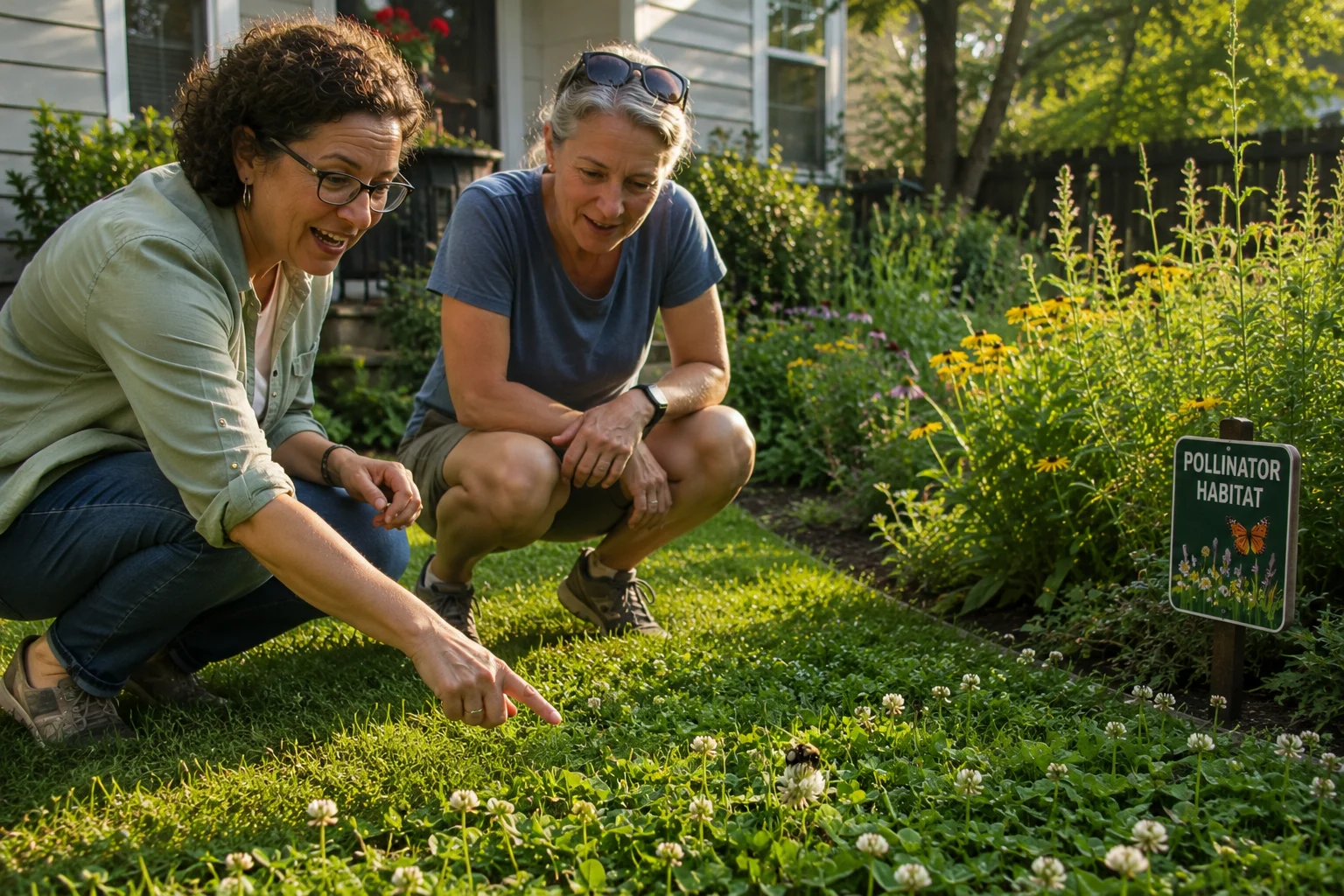 homeowner explaining pollinator lawn to neighbor bee lawn sign native plants HOA garden conversation US suburban