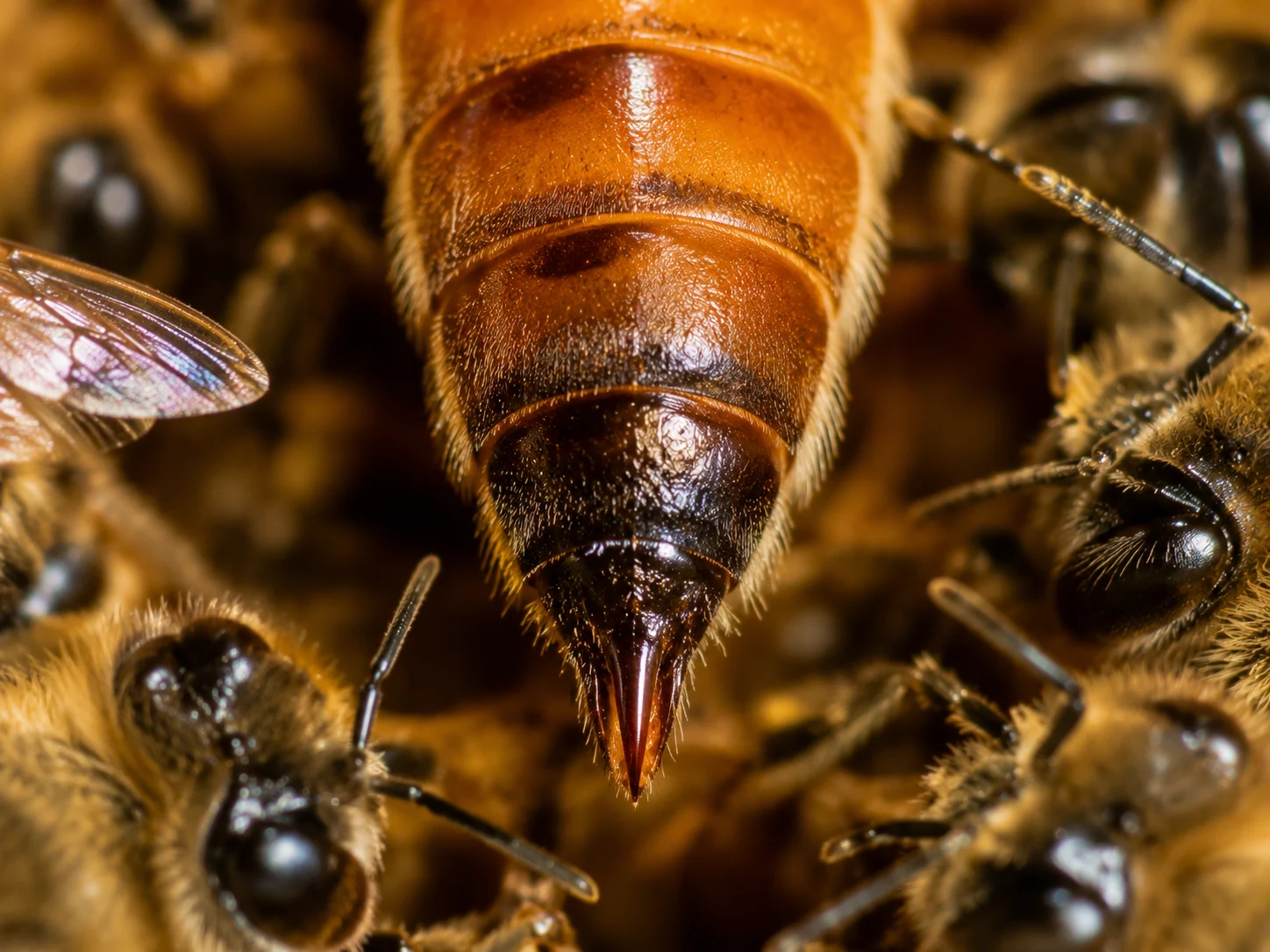 honeybee queen abdomen close-up ovipositor reproductive anatomy macro photography