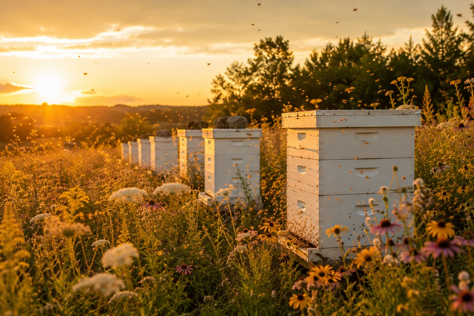summer apiary wildflower meadow golden hour peak season beekeeping Langstroth hives full colony population