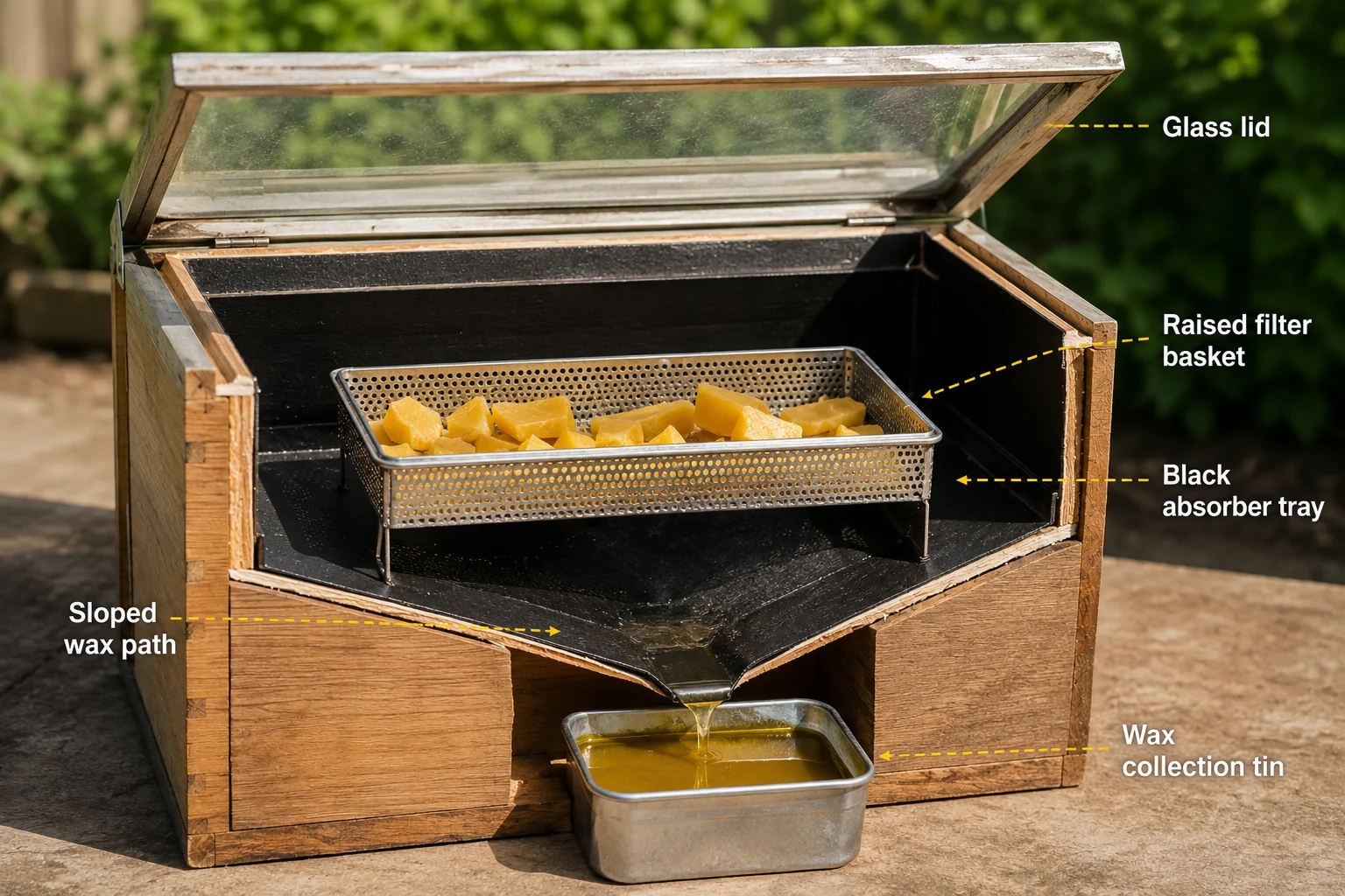 solar wax melter design showing how melted beeswax is filtered and collected