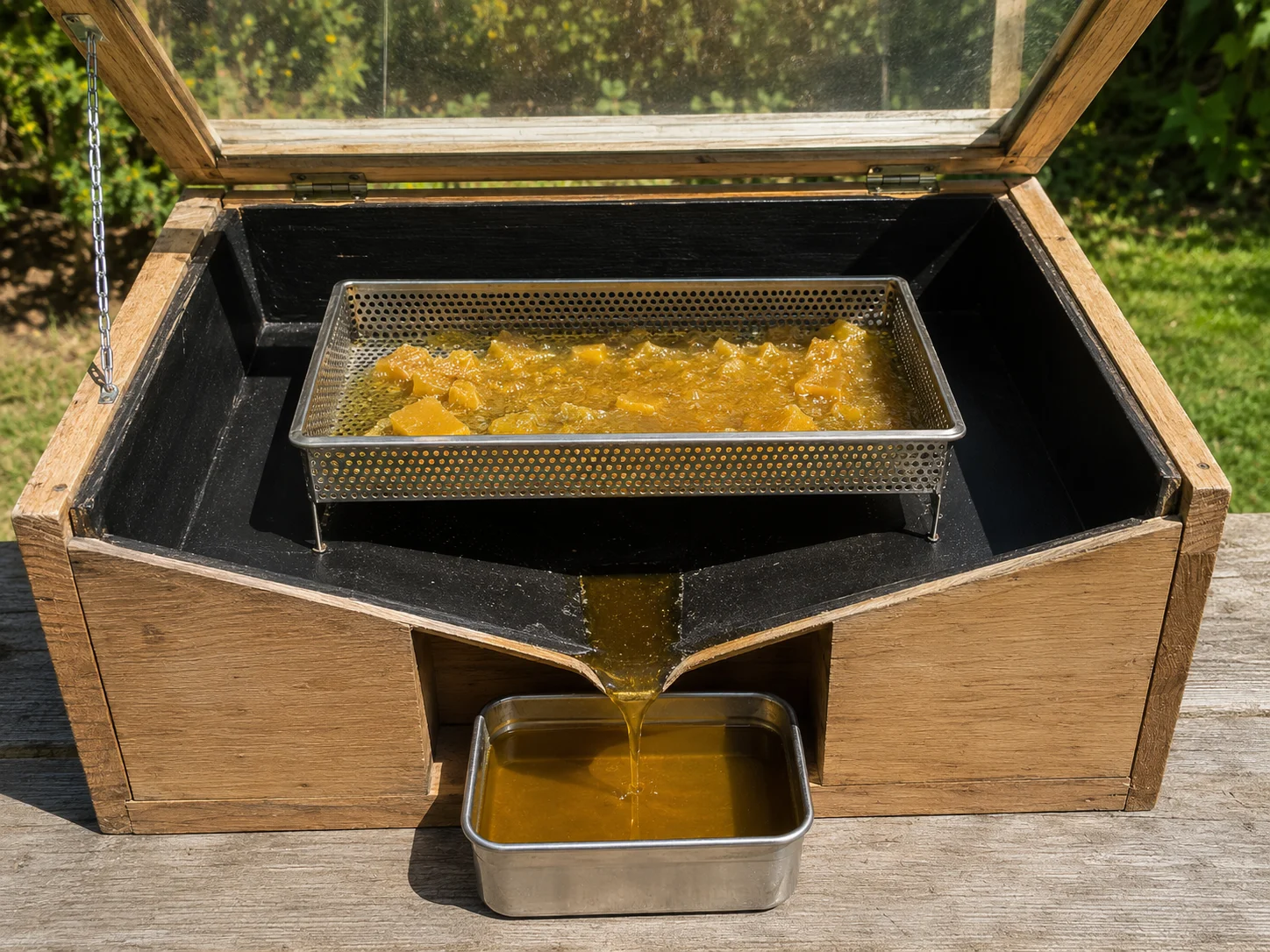 melted beeswax being filtered inside a homemade solar wax melter