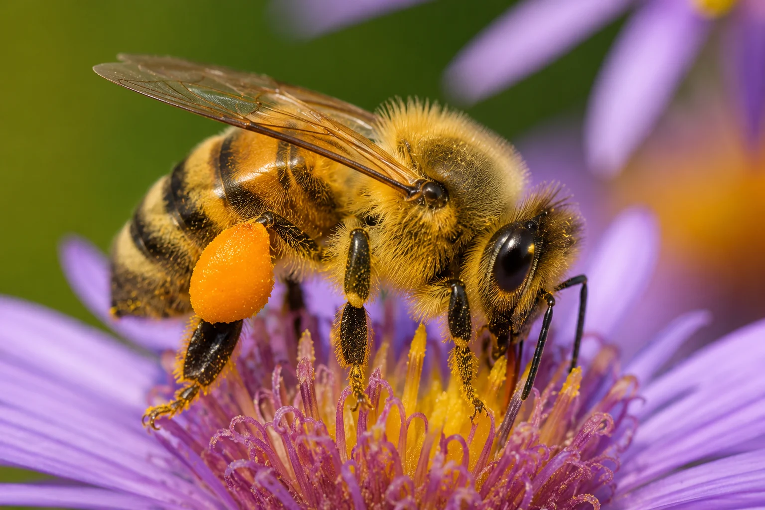 honeybee with pollen baskets on legs pollinating flower garden