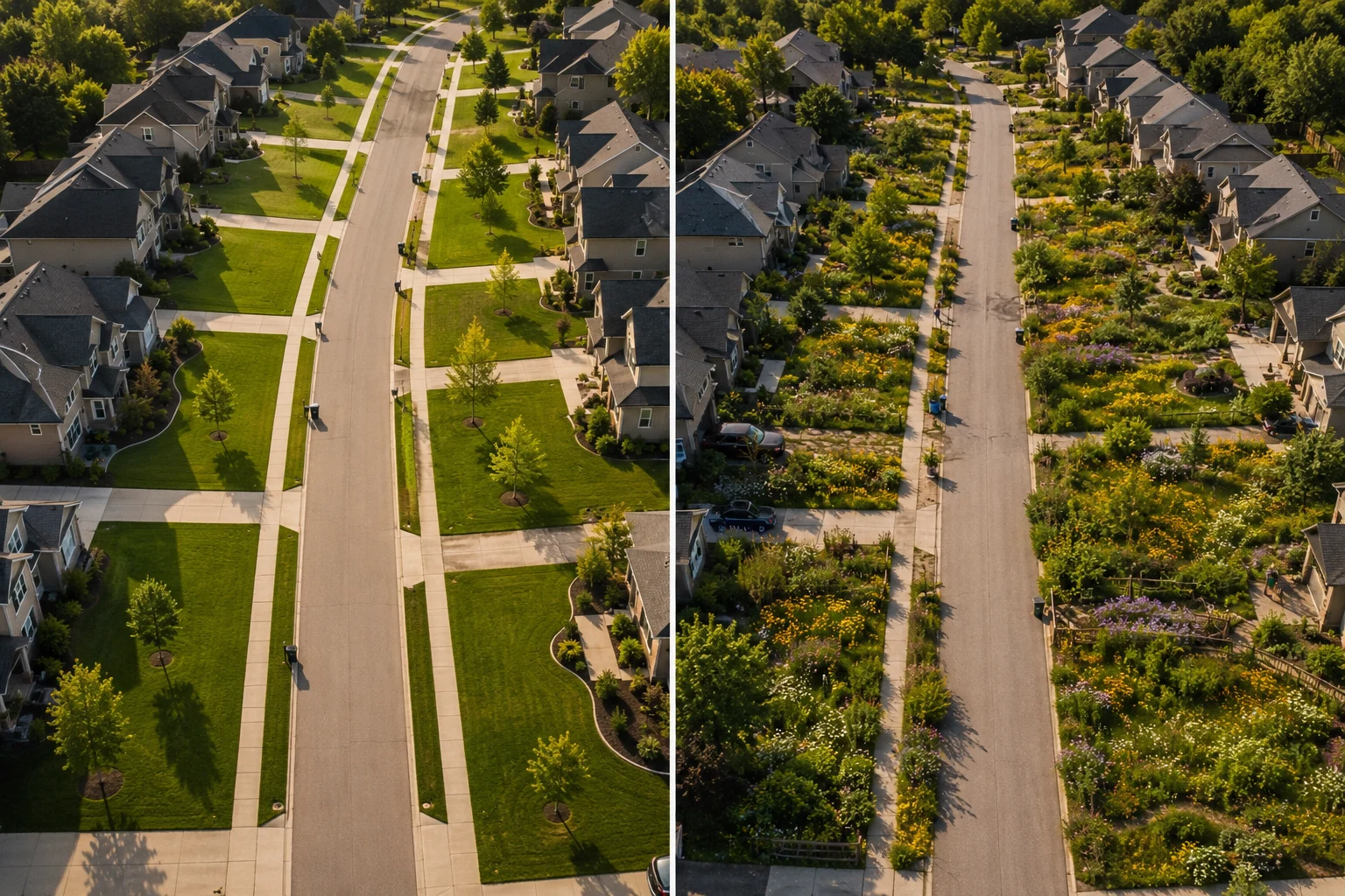 manicured lawn versus pollinator garden aerial comparison ecological value habitat wildlife biodiversity